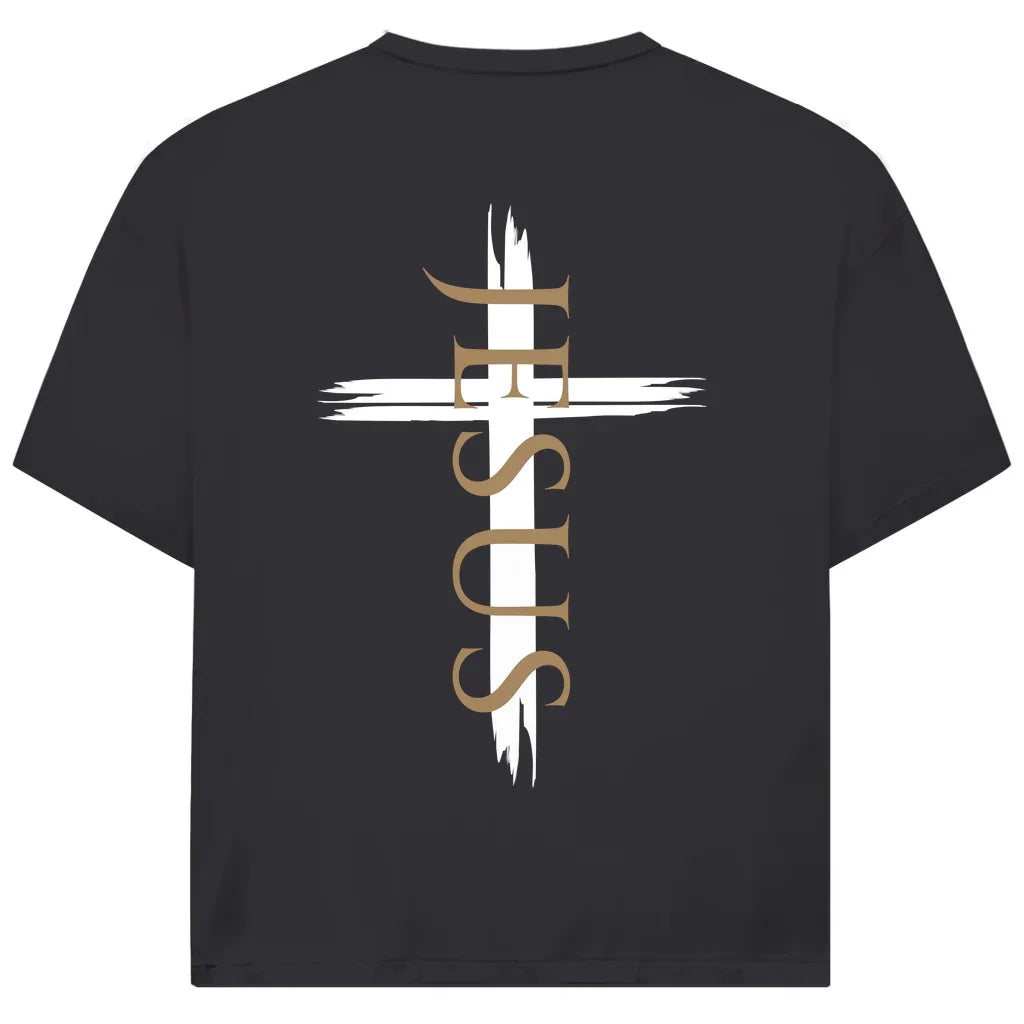 Jesus Oversize T-Shirt in Anthrazit – Rückseite - vertikales Design & Bibelvers, Streetwear im Jack & Jones Look