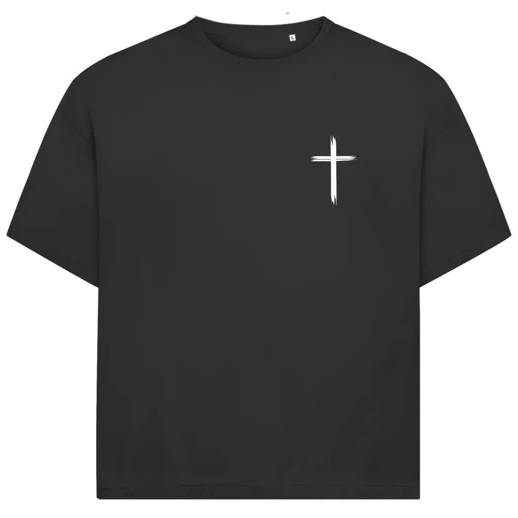 Jesus Oversize T-Shirt in Schwarz – Vorderseite - vertikales Design & Bibelvers, Streetwear im Jack & Jones Look