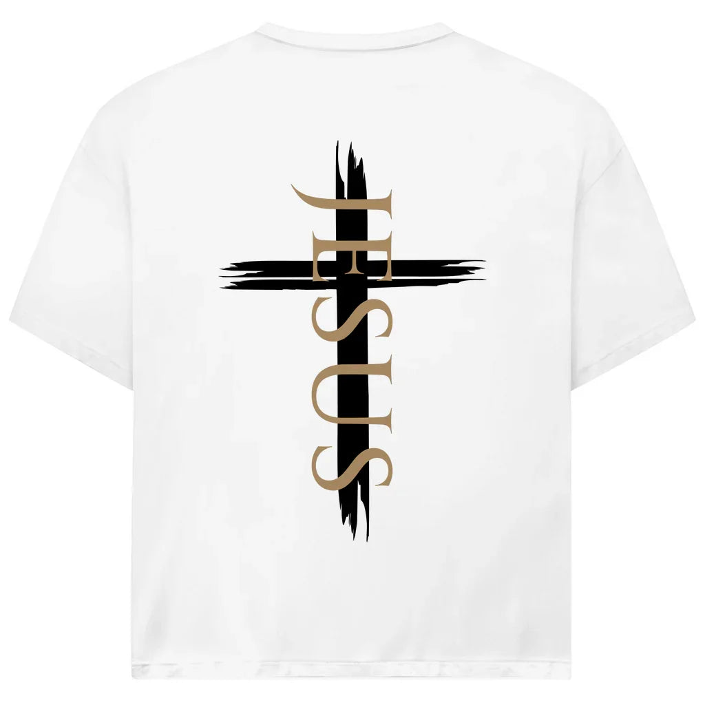 Jesus Oversize T-Shirt in Weiß – Rückseite - vertikales Design & Bibelvers, Streetwear im Jack & Jones Look