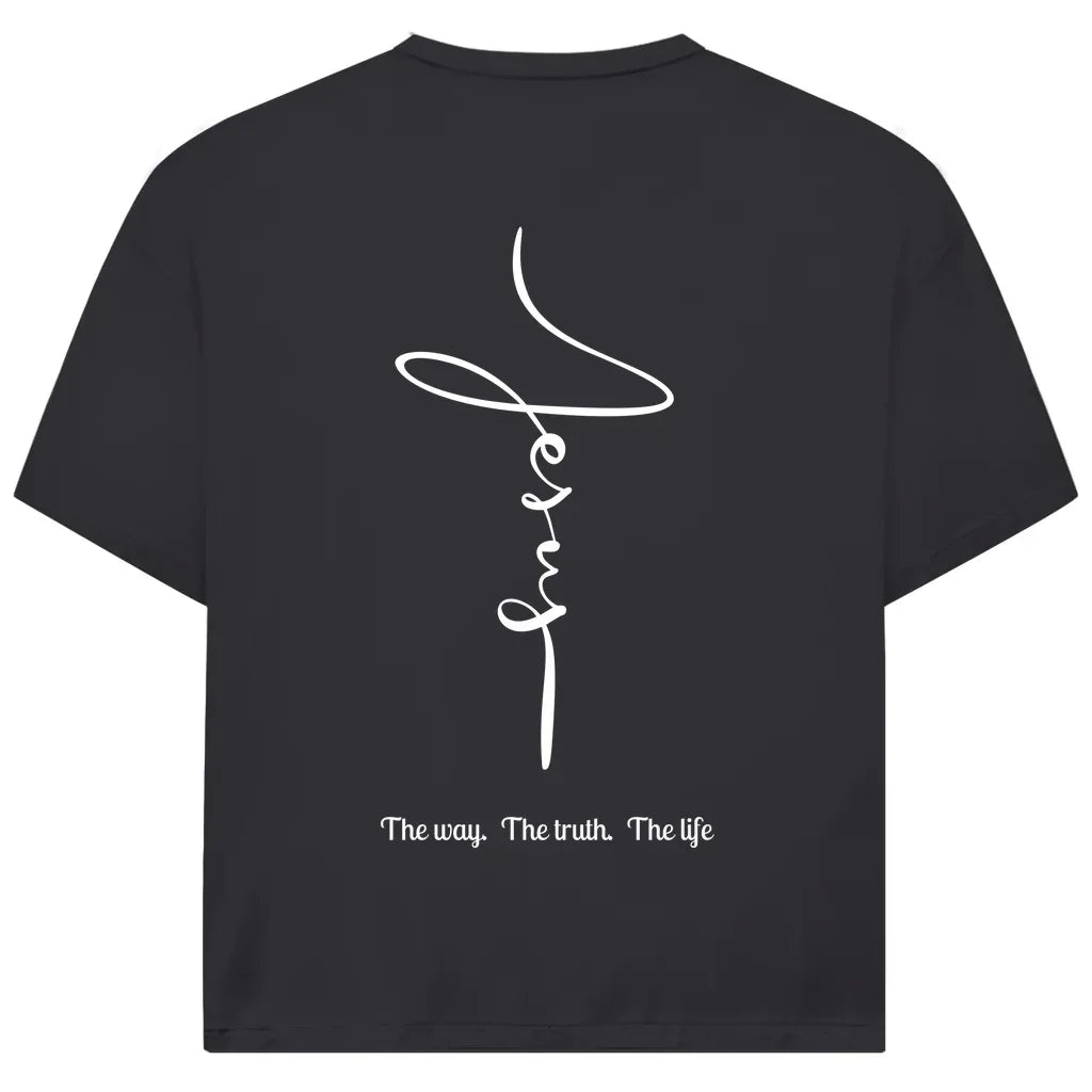 Jesus Oversize T-Shirt in Schwarz – Vertikaler Jesus-Schriftzug mit Aufdruck The Way, The Truth, The Life, christliche Streetwear aus Bio-Baumwolle