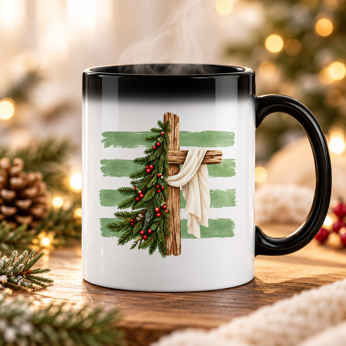Christliche Weihnachts-Zaubertasse – Farbwechsel-Tasse mit Kreuzmotiv