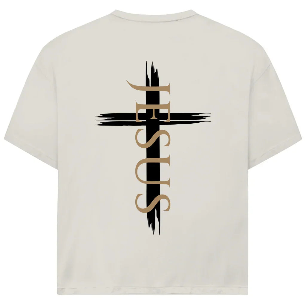 Jesus Oversize T-Shirt in Beige – Rückseite - vertikales Design & Bibelvers, Streetwear im Jack & Jones Look