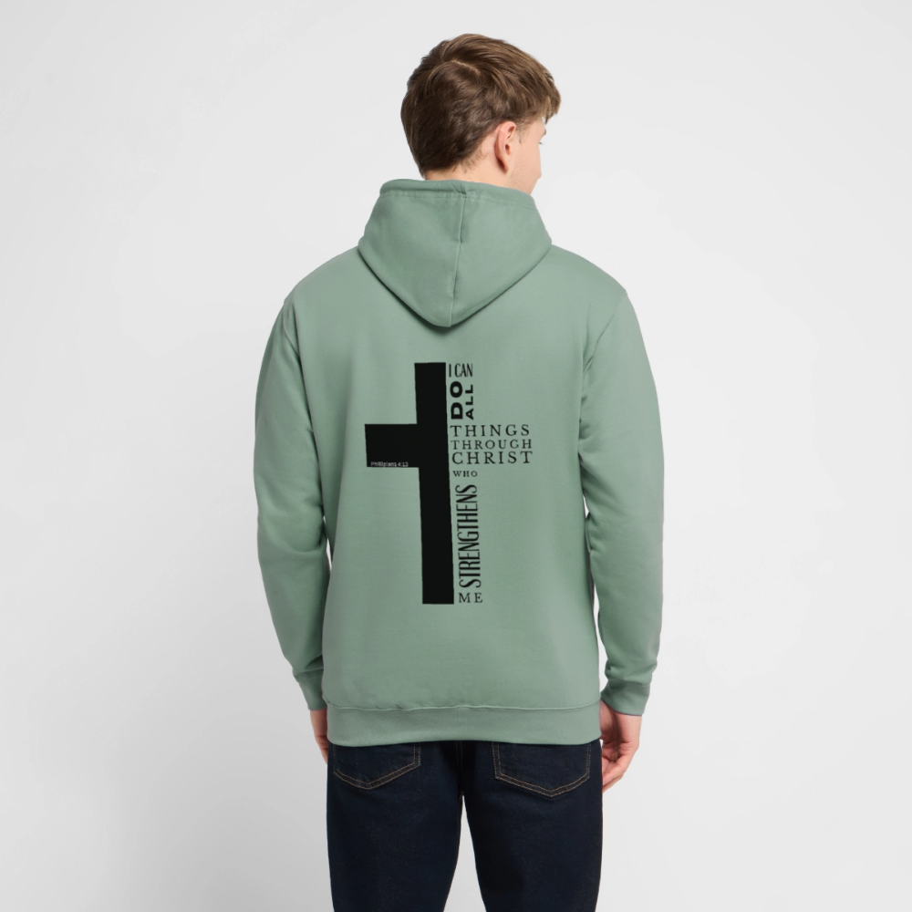 Christlicher Hoodie „Philipper 4,13“ – I Can Do All Things Through Christ Kreuz Unisex - steel green