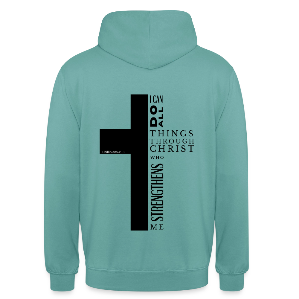 Christlicher Hoodie „Philipper 4,13“ – I Can Do All Things Through Christ Kreuz Unisex - pastel turquoise