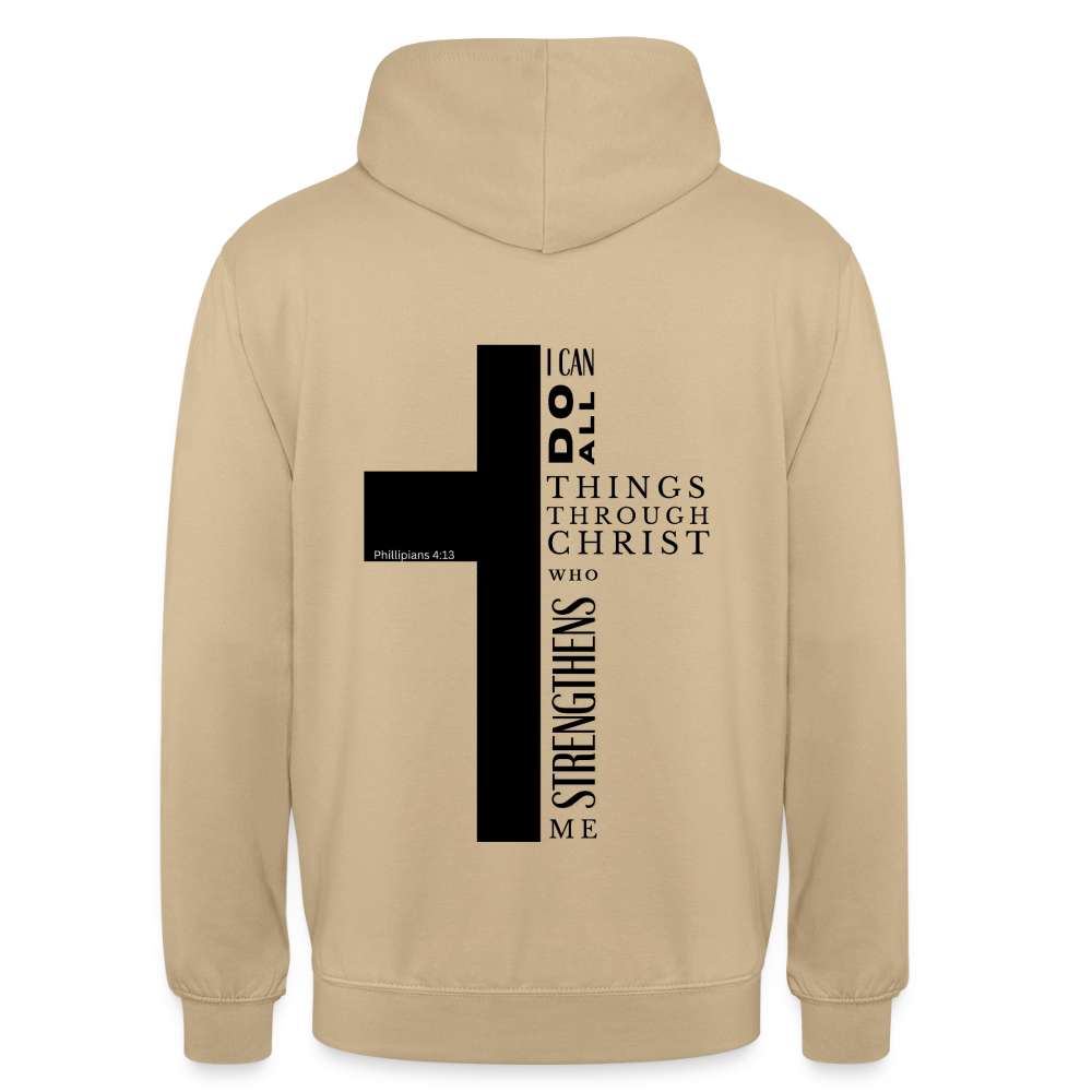 Christlicher Hoodie „Philipper 4,13“ – I Can Do All Things Through Christ Kreuz Unisex - beige