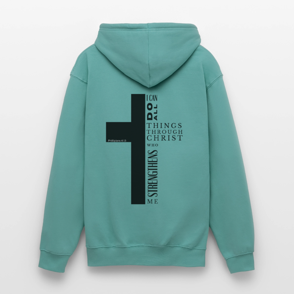 Christlicher Hoodie „Philipper 4,13“ – I Can Do All Things Through Christ Kreuz Unisex - pastel turquoise