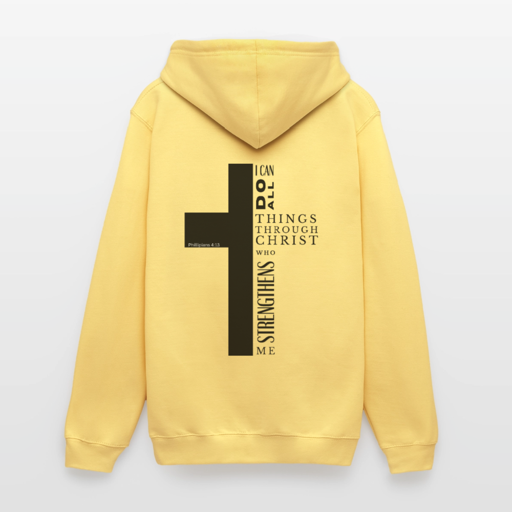 Christlicher Hoodie „Philipper 4,13“ – I Can Do All Things Through Christ Kreuz Unisex - lemon yellow