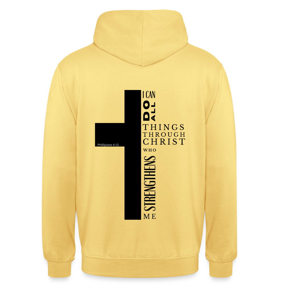 Christlicher Hoodie „Philipper 4,13“ – I Can Do All Things Through Christ Kreuz Unisex - lemon yellow