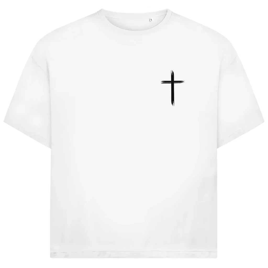 Jesus Oversize T-Shirt in Weiß – Vorderseite - vertikales Design & Bibelvers, Streetwear im Jack & Jones Look