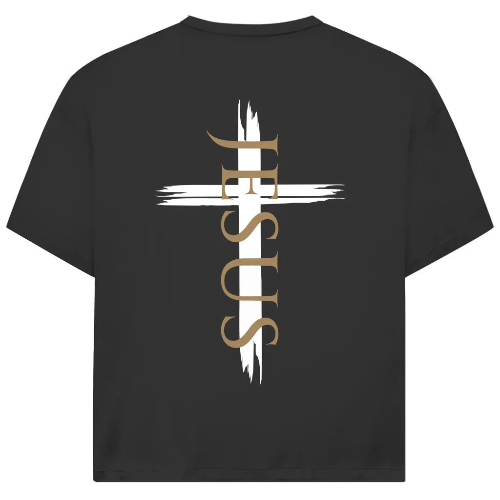 Jesus Oversize T-Shirt in Schwarz – Rückseite - vertikales Design & Bibelvers, Streetwear im Jack & Jones Look