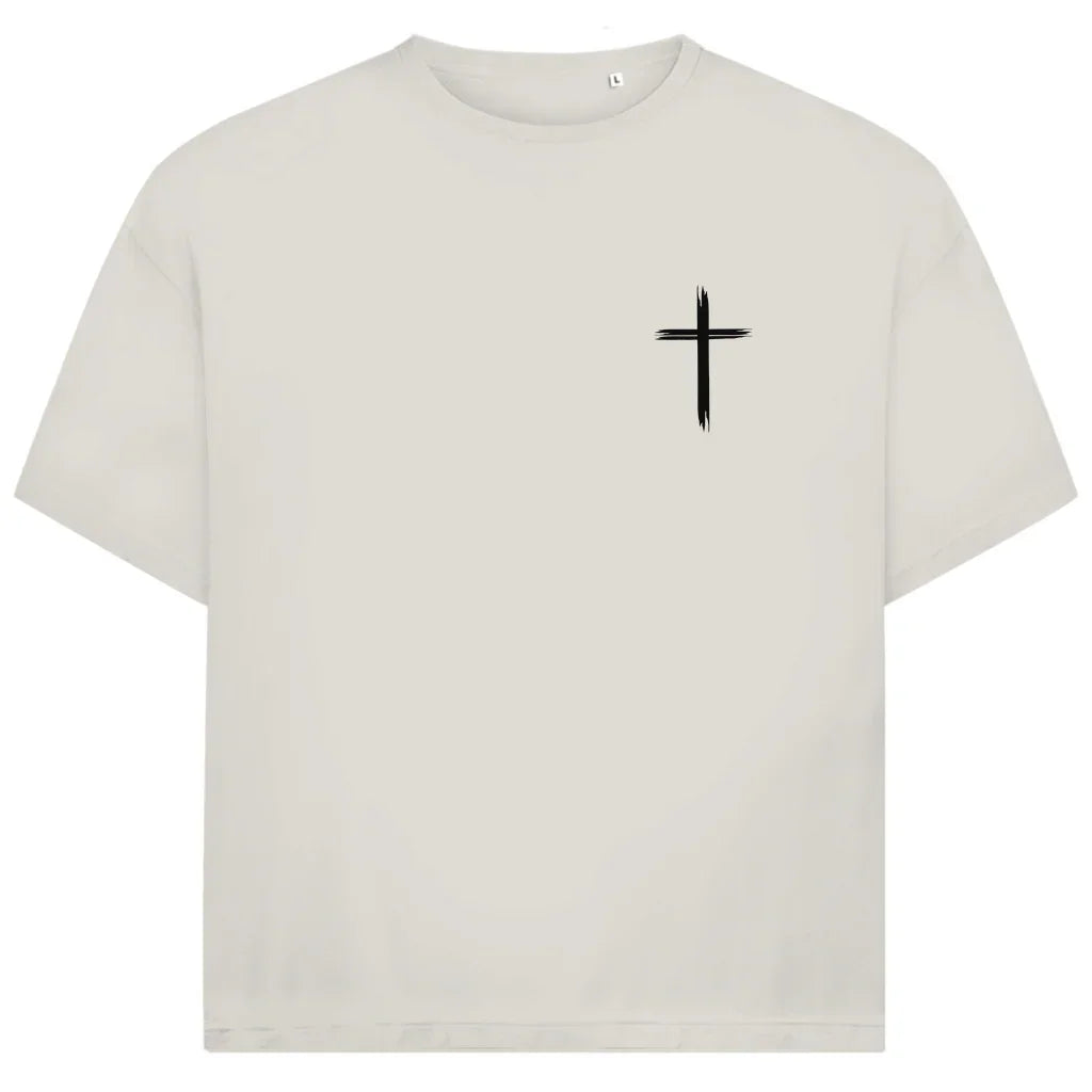 Jesus Oversize T-Shirt in Beige – Vorderseite - vertikales Design & Bibelvers, Streetwear im Jack & Jones Look