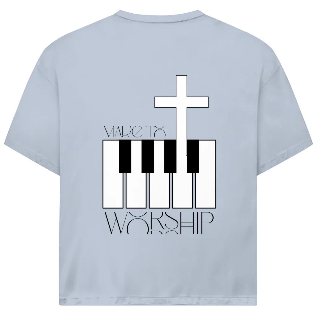 Made to Worship Oversize T-Shirt in Blau – Kreuz- und Klaviermotiv, christliche Streetwear aus Bio-Baumwolle