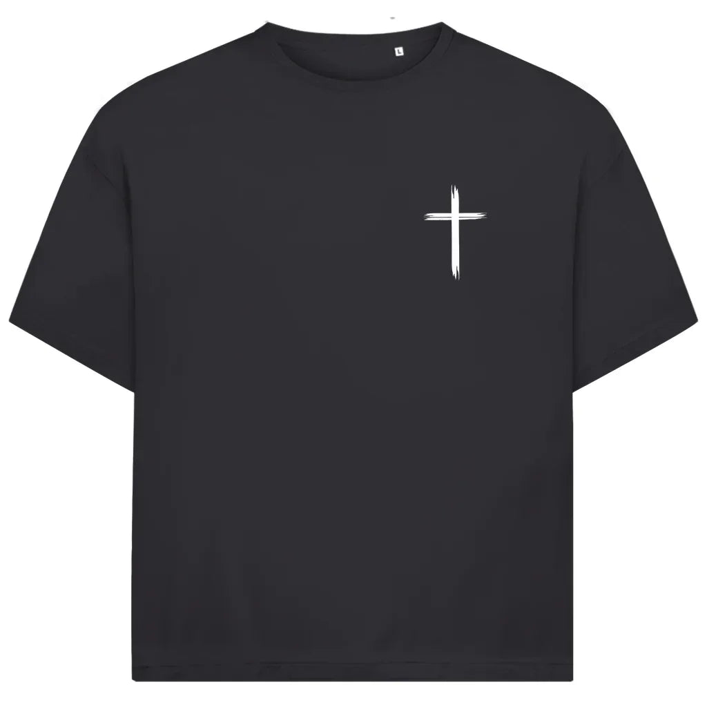 Jesus Oversize T-Shirt in Anthrazit – Vorderseite - vertikales Design & Bibelvers, Streetwear im Jack & Jones Look