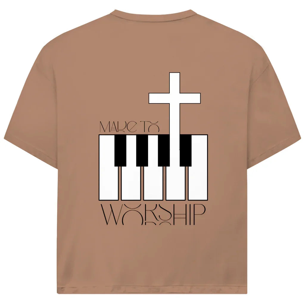 Made to Worship Oversize T-Shirt in Braun – Kreuz- und Klaviermotiv, christliche Streetwear aus Bio-Baumwolle