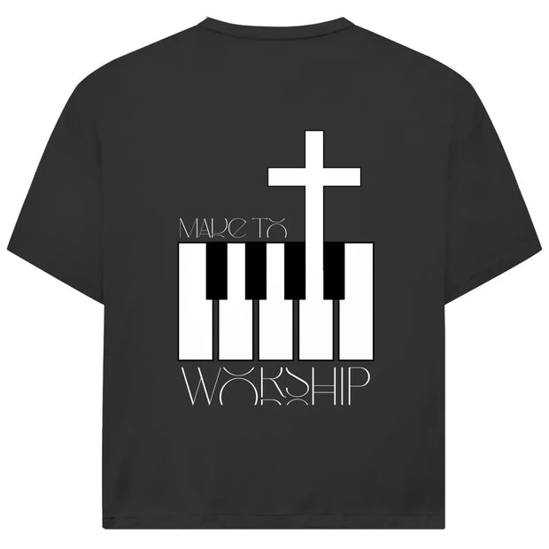 Made to Worship Oversize T-Shirt in Schwarz – Kreuz- und Klaviermotiv, christliche Streetwear aus Bio-Baumwolle