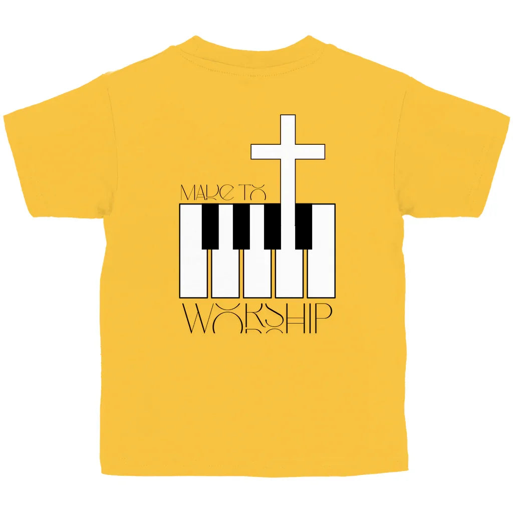 Kinder T-Shirt „Made to Worship“ – Christliches Musik-Shirt mit Kreuz & Klaviertasten | byGraceStore