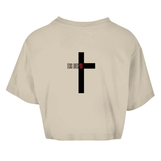Damen Oversize Crop Top "Jesus loves you" - by-grace.store