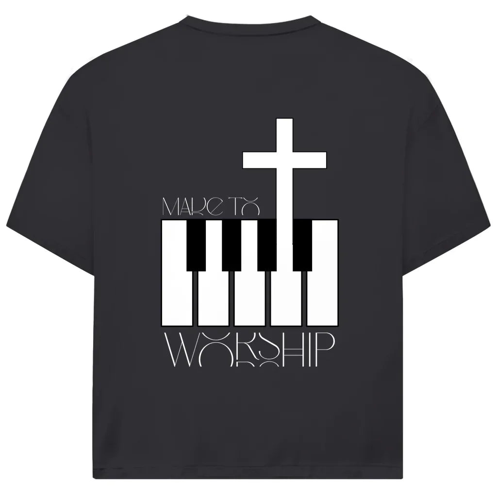 Made to Worship Oversize T-Shirt in Anthrazit – Kreuz- und Klaviermotiv, christliche Streetwear aus Bio-Baumwolle