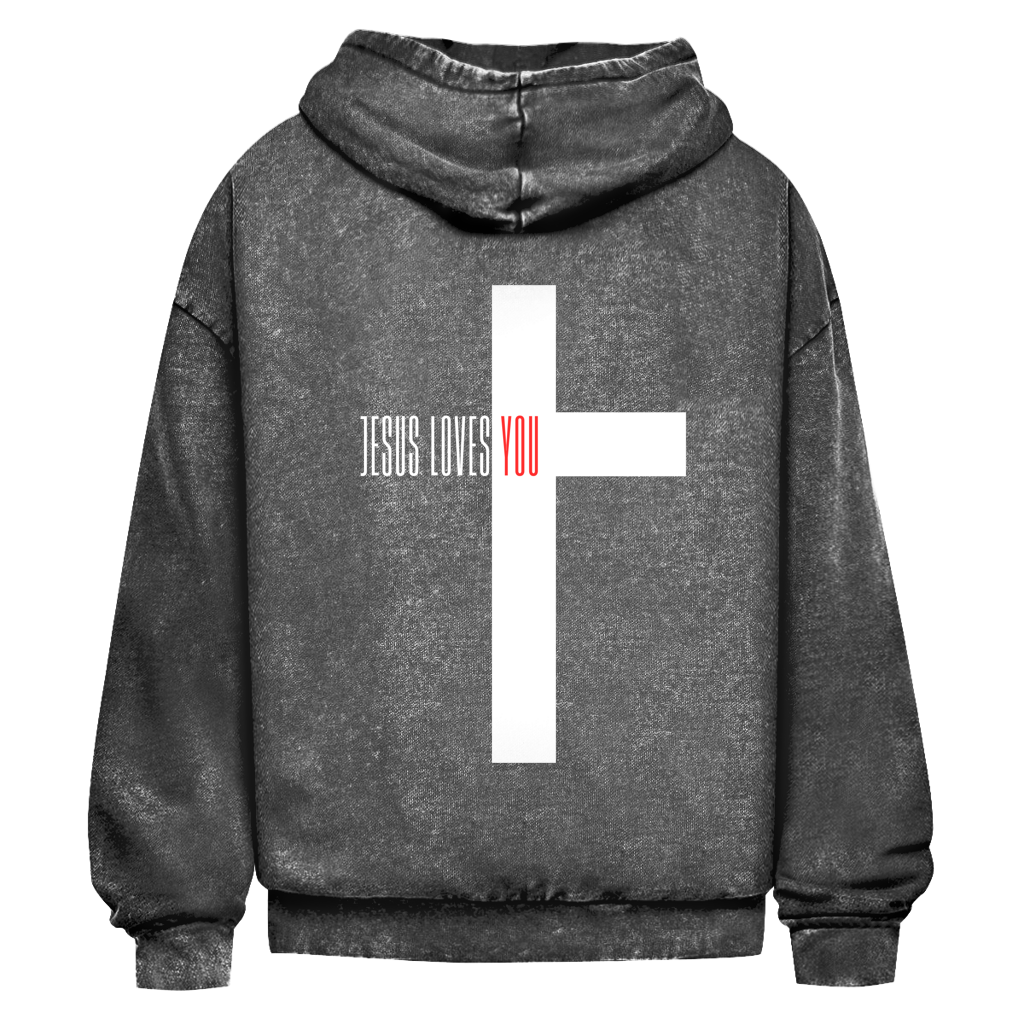 Oversize Washed Hoodie „Jesus loves you“ – Christlicher Streetwear Hoodie