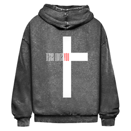 Oversize Washed Hoodie „Jesus loves you“ – Christlicher Streetwear Hoodie