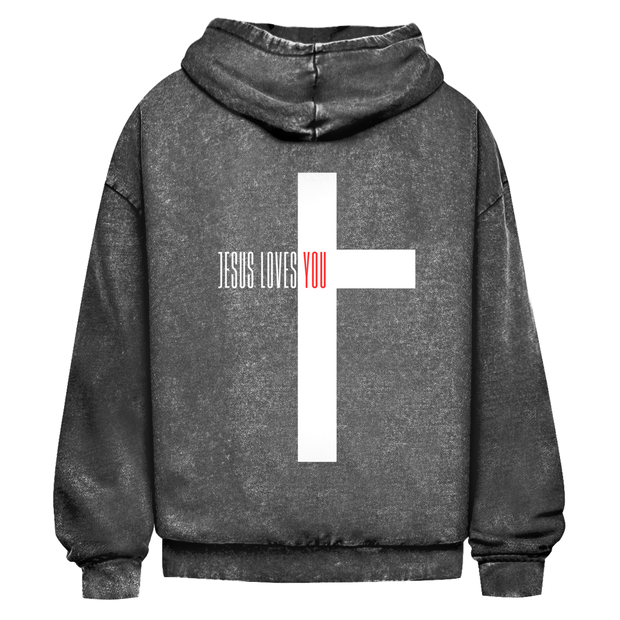 Oversize Washed Hoodie „Jesus loves you“ – Christlicher Streetwear Hoodie