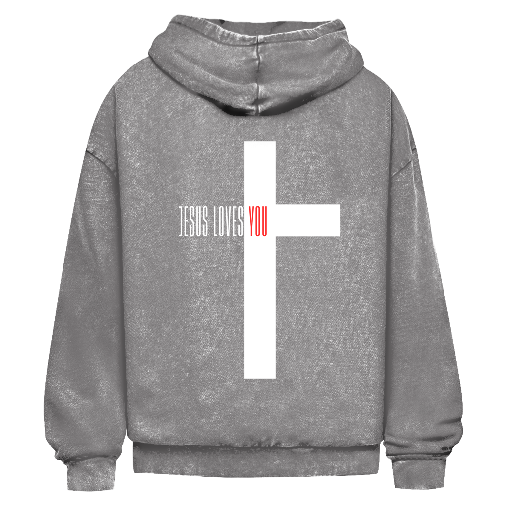 Oversize Washed Hoodie „Jesus loves you“ – Christlicher Streetwear Hoodie