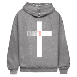 Oversize Washed Hoodie „Jesus loves you“ – Christlicher Streetwear Hoodie