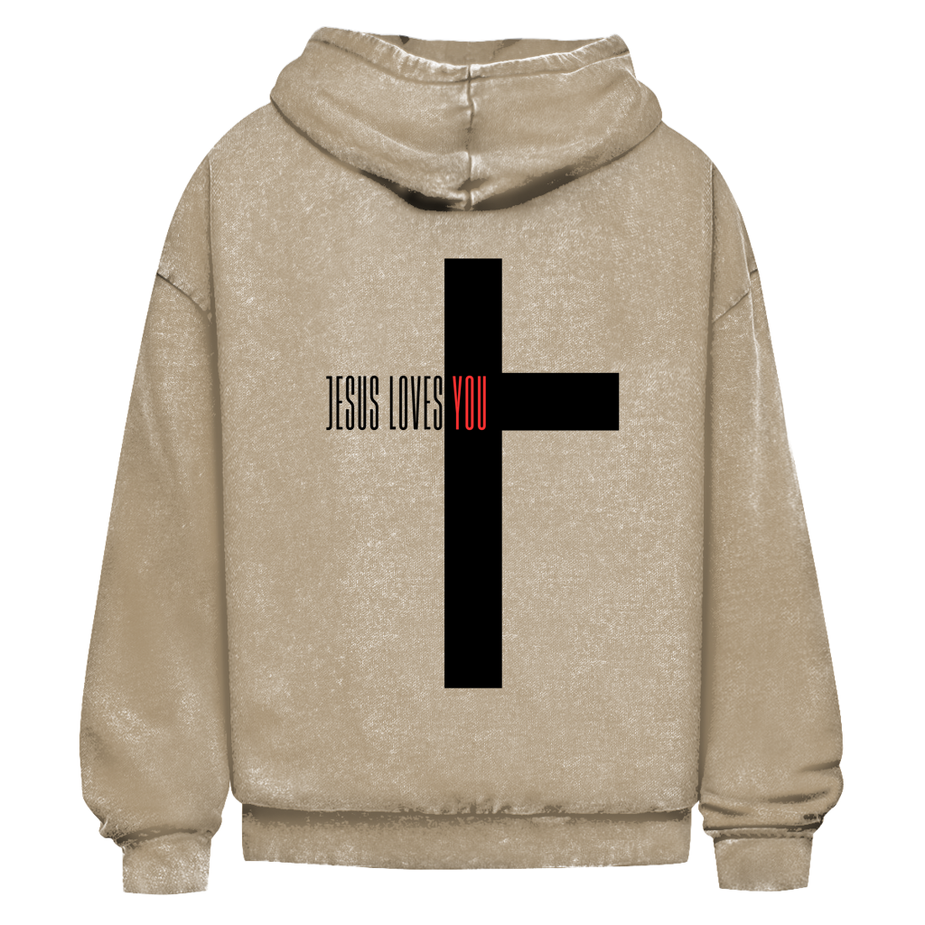 Oversize Washed Hoodie „Jesus loves you“ – Christlicher Streetwear Hoodie