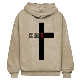Oversize Washed Hoodie „Jesus loves you“ – Christlicher Streetwear Hoodie