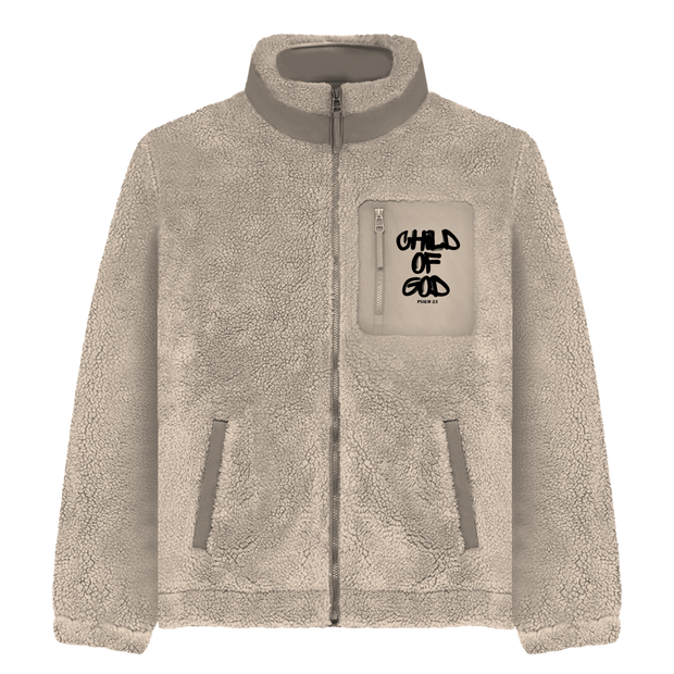 Sherpa Fleecejacke "Child of God" | Warme Teddyjacke mit christlichem Stick