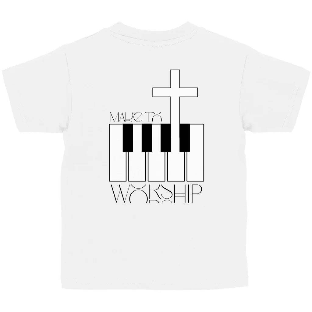 Kinder T-Shirt „Made to Worship“ – Christliches Musik-Shirt mit Kreuz & Klaviertasten | byGraceStore