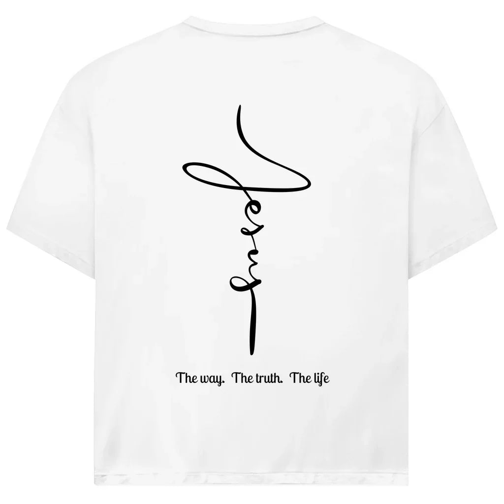 Jesus Oversize T-Shirt in weiß – Vertikaler Jesus-Schriftzug mit Aufdruck The Way, The Truth, The Life, christliche Streetwear aus Bio-Baumwolle