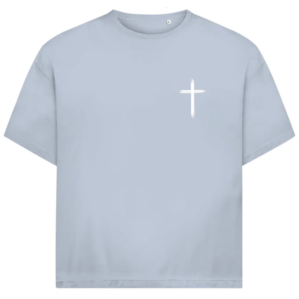 Jesus Oversize T-Shirt in Blau – Vorderseite - vertikales Design & Bibelvers, Streetwear im Jack & Jones Look