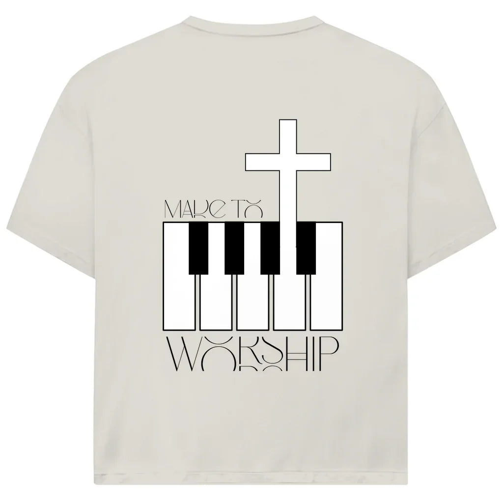 Made to Worship Oversize T-Shirt in Beige – Kreuz- und Klaviermotiv, christliche Streetwear aus Bio-Baumwolle