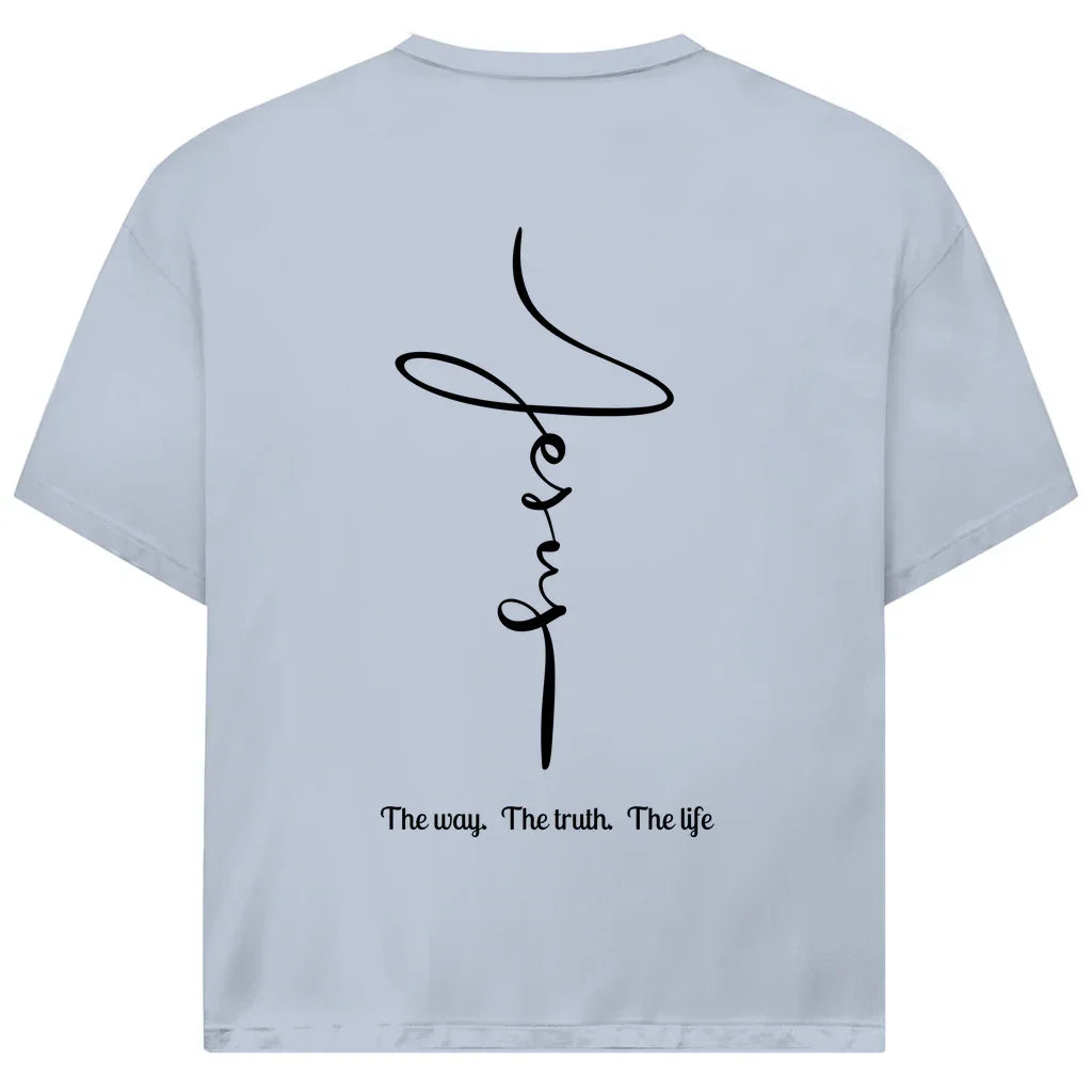 Jesus Oversize T-Shirt in Skyblue – Vertikaler Jesus-Schriftzug mit Aufdruck The Way, The Truth, The Life, christliche Streetwear aus Bio-Baumwolle