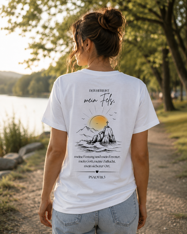 Christliches Bio T-Shirt „Mein Fels & Zuflucht“ – Psalm 18,3 | Unisex