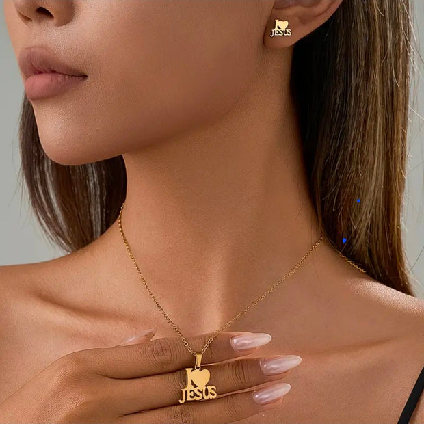 I Love Jesus Schmuckset Gold – Halskette & Ohrringe aus Edelstahl