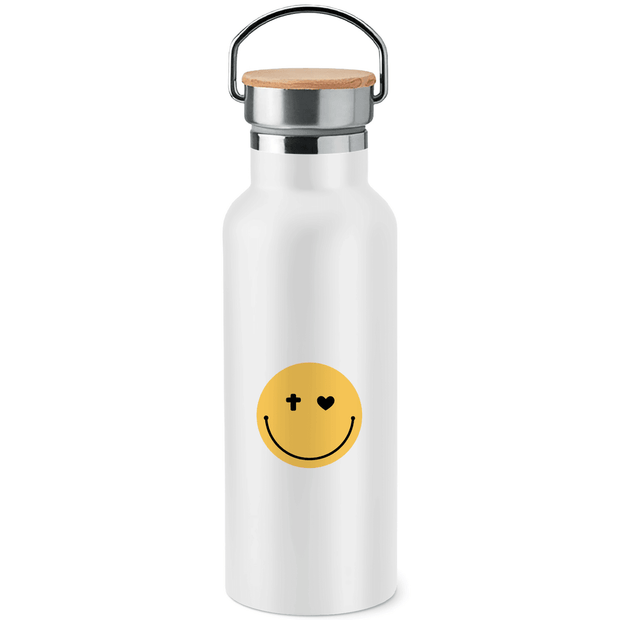 Edelstahl-Trinkflasche mit Bambusdeckel "Smiley" - by-grace.store