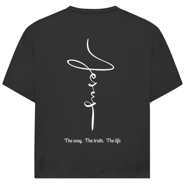 Jesus Oversize T-Shirt in anthrazit – Vertikaler Jesus-Schriftzug mit Aufdruck The Way, The Truth, The Life, christliche Streetwear aus Bio-Baumwolle