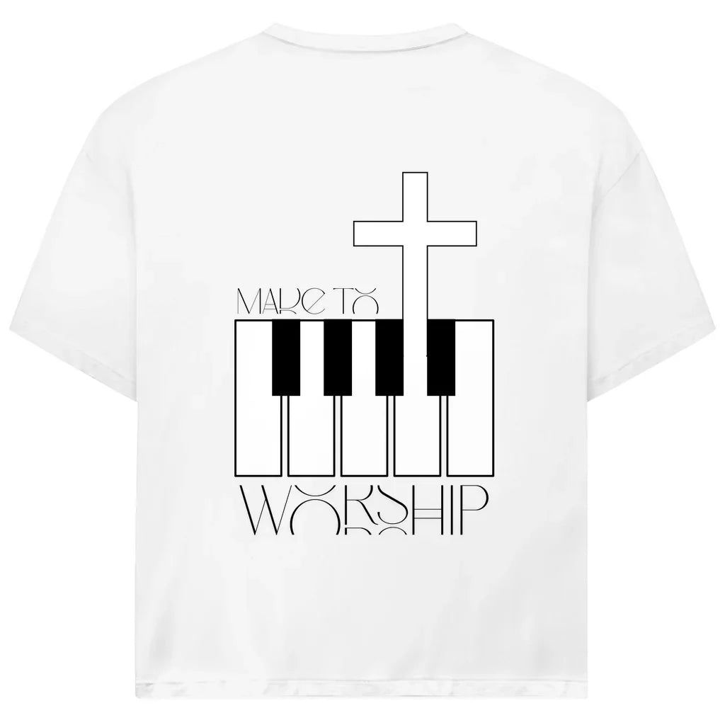 Made to Worship Oversize T-Shirt in Weiß – Kreuz- und Klaviermotiv, christliche Streetwear aus Bio-Baumwolle