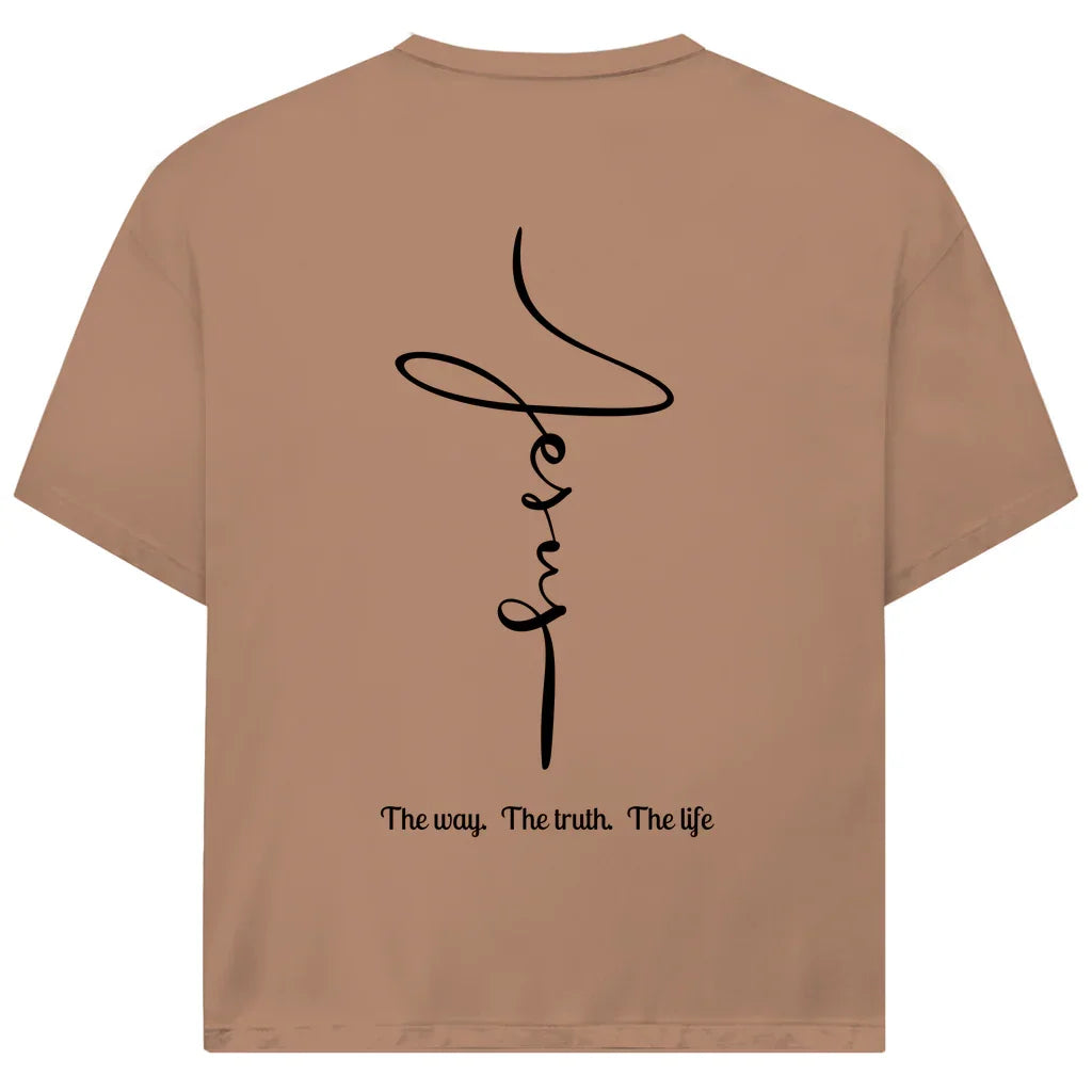 Jesus Oversize T-Shirt in Braun – Vertikaler Jesus-Schriftzug mit Aufdruck The Way, The Truth, The Life, christliche Streetwear aus Bio-Baumwolle