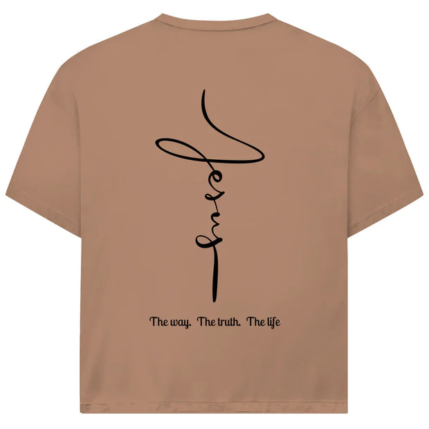 Jesus Oversize T-Shirt in Braun – Vertikaler Jesus-Schriftzug mit Aufdruck The Way, The Truth, The Life, christliche Streetwear aus Bio-Baumwolle