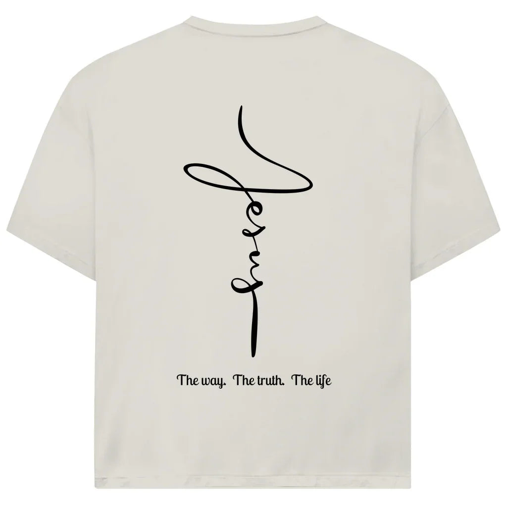 Jesus Oversize T-Shirt in beige – Vertikaler Jesus-Schriftzug mit Aufdruck The Way, The Truth, The Life, christliche Streetwear aus Bio-Baumwolle