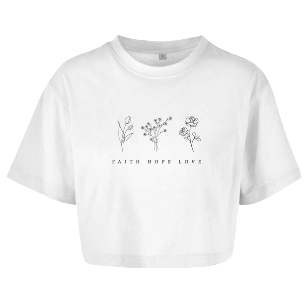 Damen Oversize Crop Top "Faith,Hope,Love" - by-grace.store