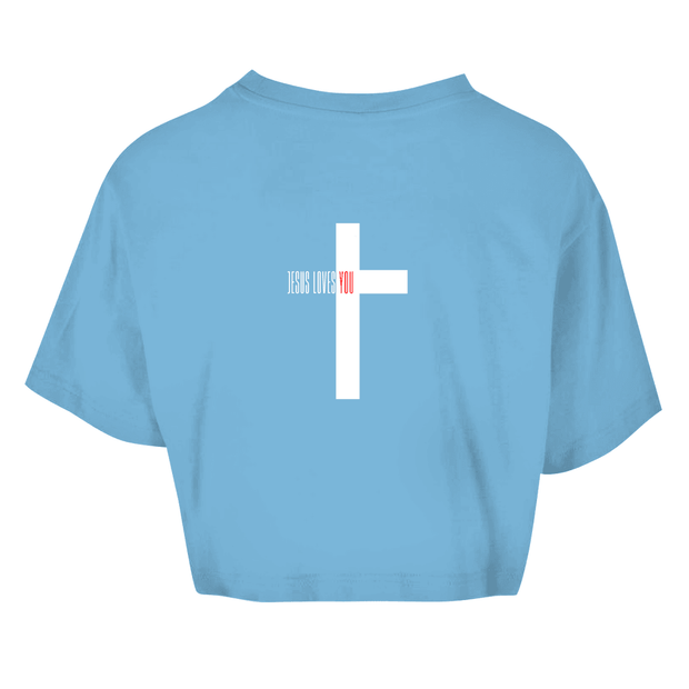 Damen Oversize Crop Top "Jesus loves you" - by-grace.store
