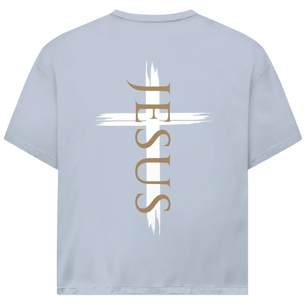 Jesus Oversize T-Shirt in Blau – Rückseite - vertikales Design & Bibelvers, Streetwear im Jack & Jones Look