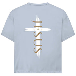 Jesus Oversize T-Shirt in Blau – Rückseite - vertikales Design & Bibelvers, Streetwear im Jack & Jones Look