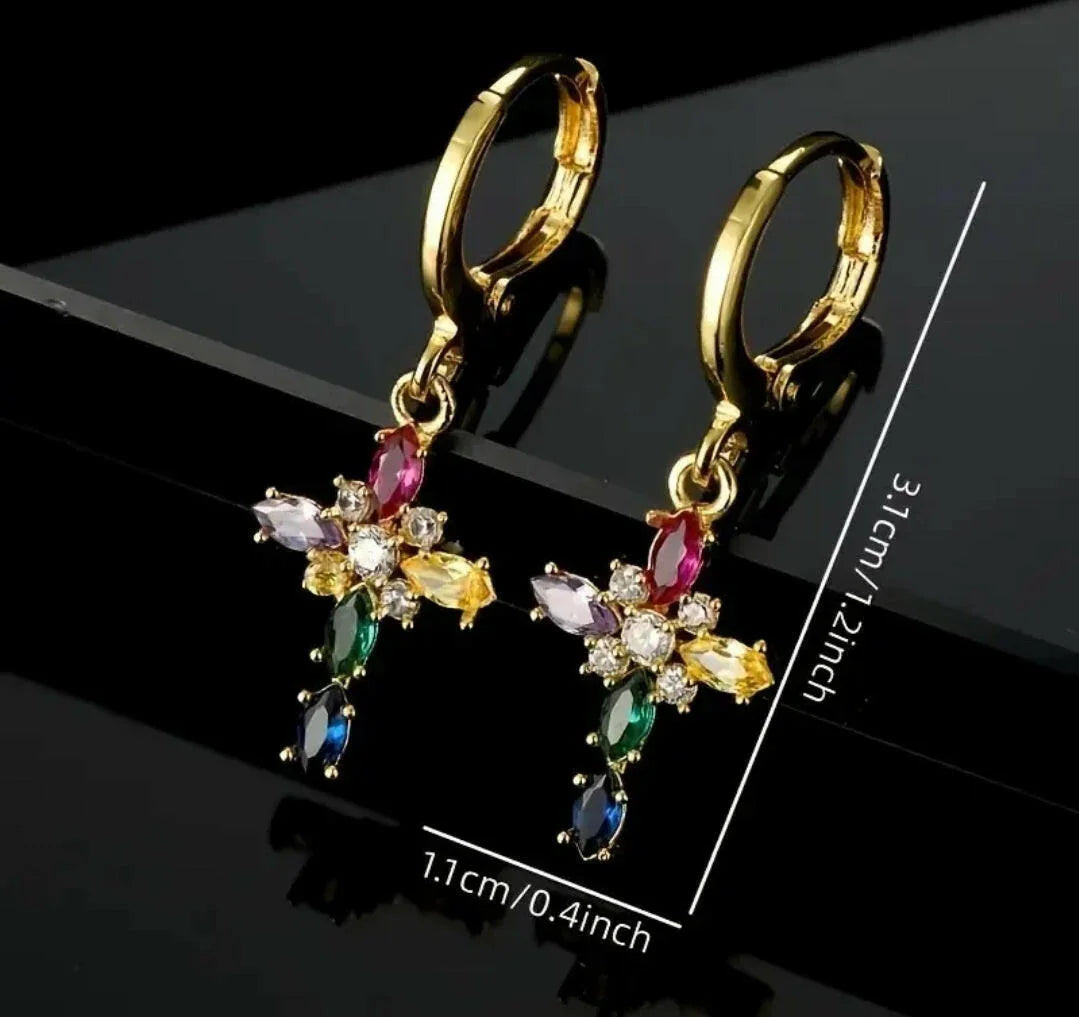 Goldene Kreuz-Ohrringe mit bunten Kristallen | Christlicher Schmuck für Damen