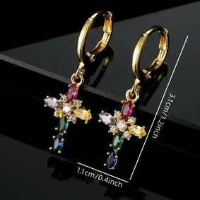 Goldene Kreuz-Ohrringe mit bunten Kristallen | Christlicher Schmuck für Damen
