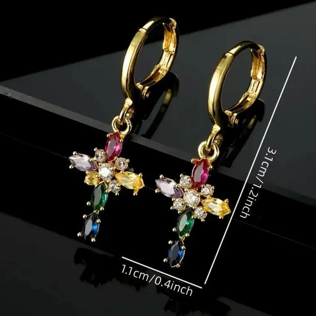 Goldene Kreuz-Ohrringe mit bunten Kristallen | Christlicher Schmuck für Damen